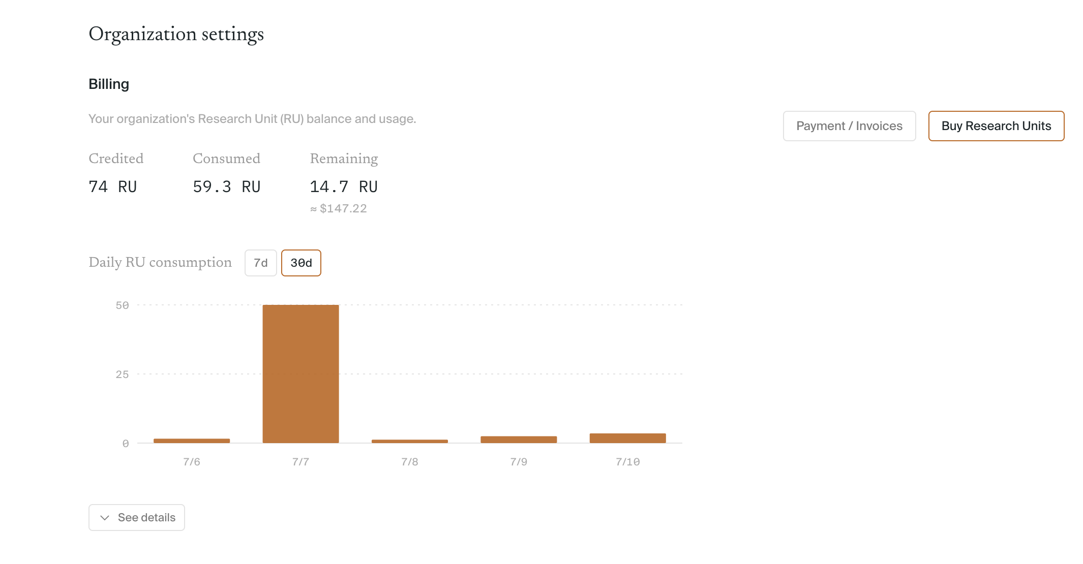 The Billing page showing credited, consumed, and remaining Research Units above the daily consumption chart
