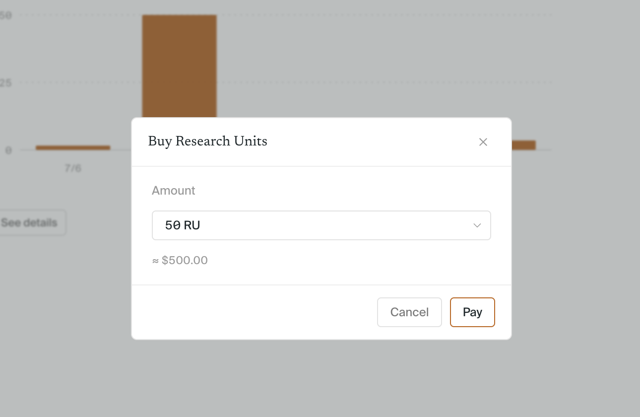 The Buy Research Units dialog with an amount selector, estimated price, and Pay button
