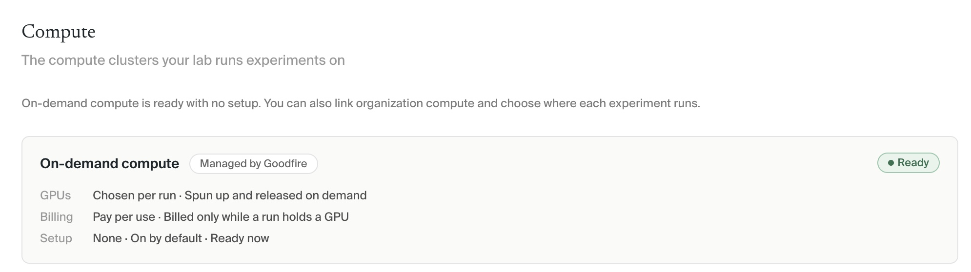 The current on-demand compute card in Organization settings