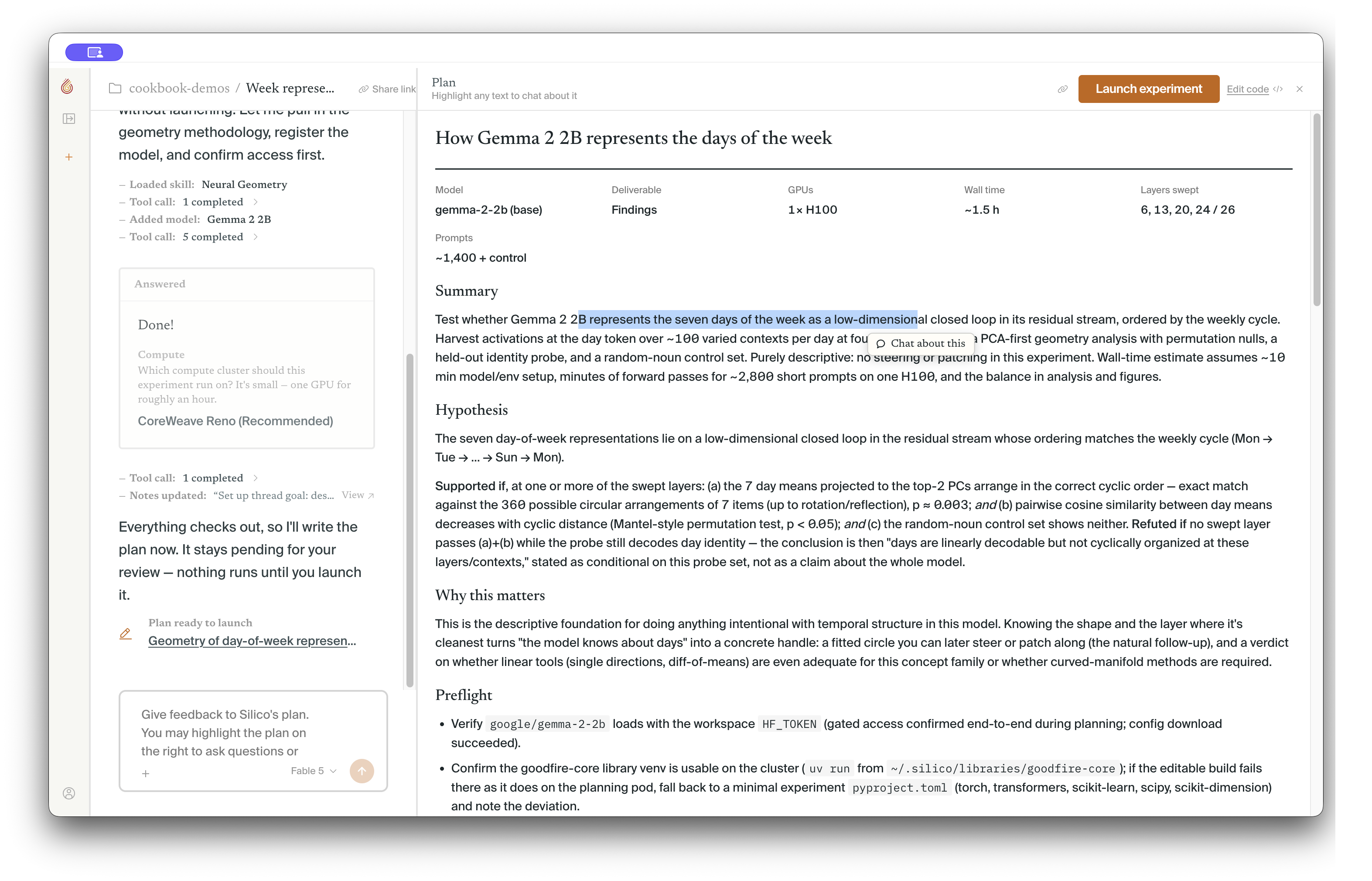 A ready-to-launch plan open beside its thread, with a highlighted plan passage and the Chat about this action visible