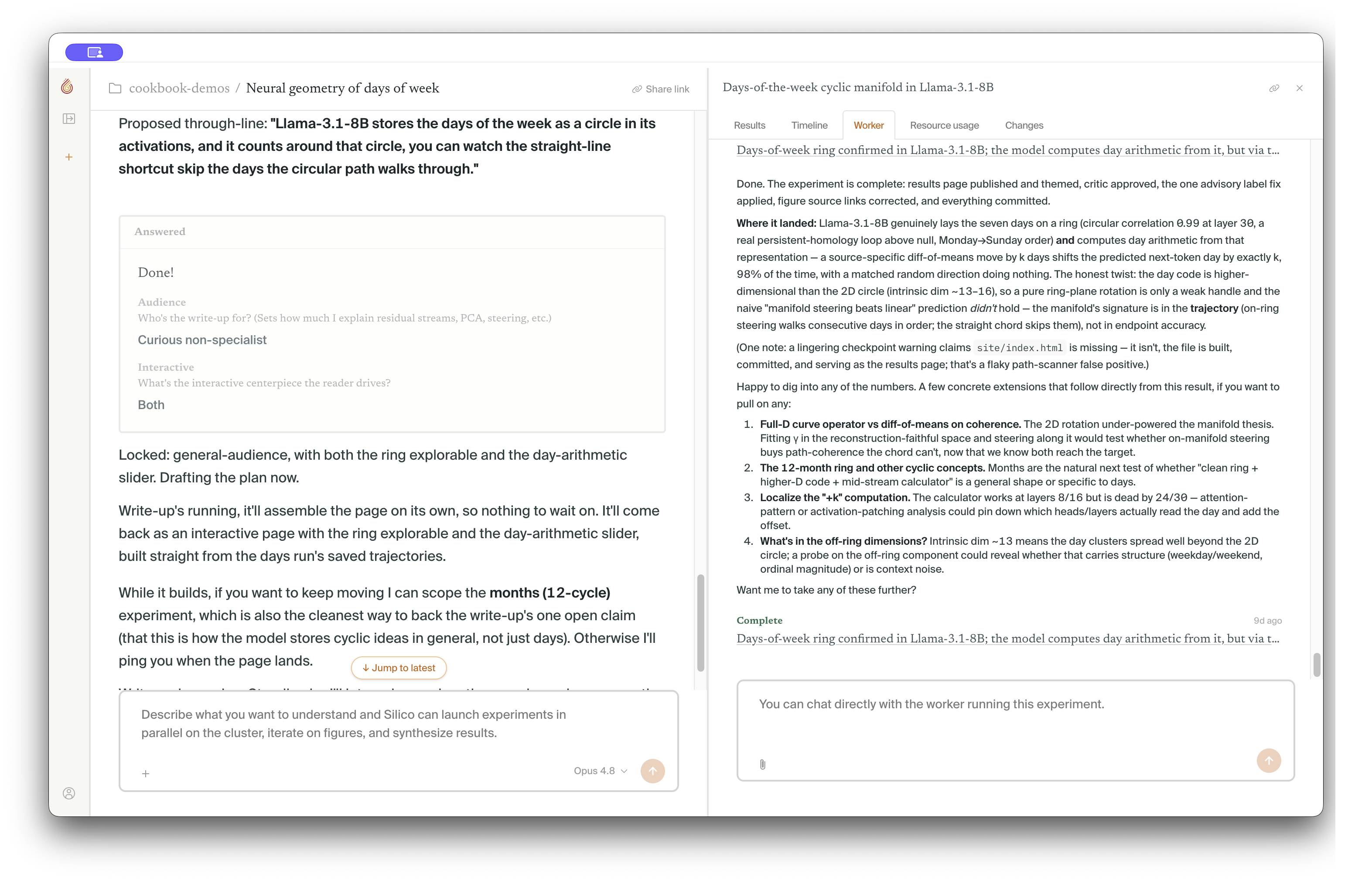 The Worker view with the execution conversation, next-step suggestions, and a composer for steering the run