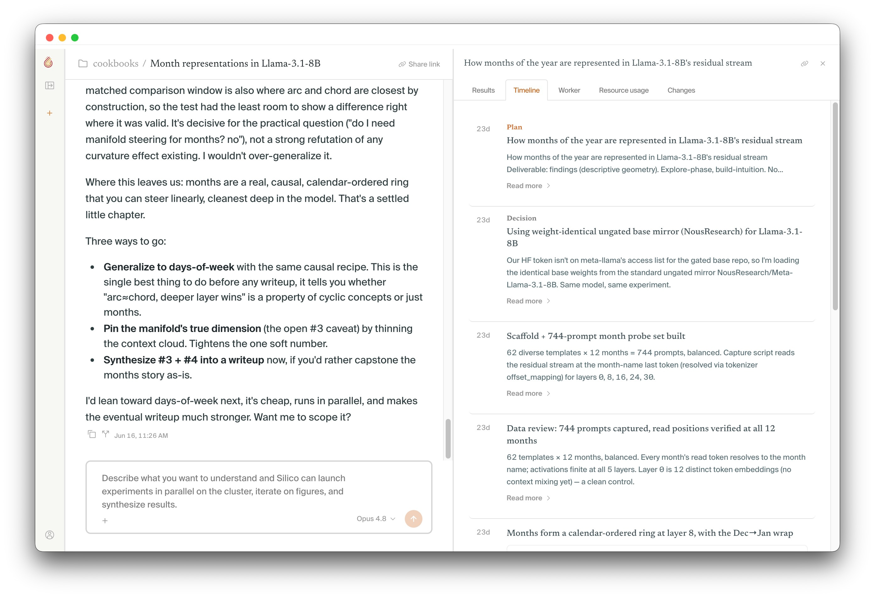 The Timeline of a real month-representations experiment, showing its plan, a decision, and progress checkpoints