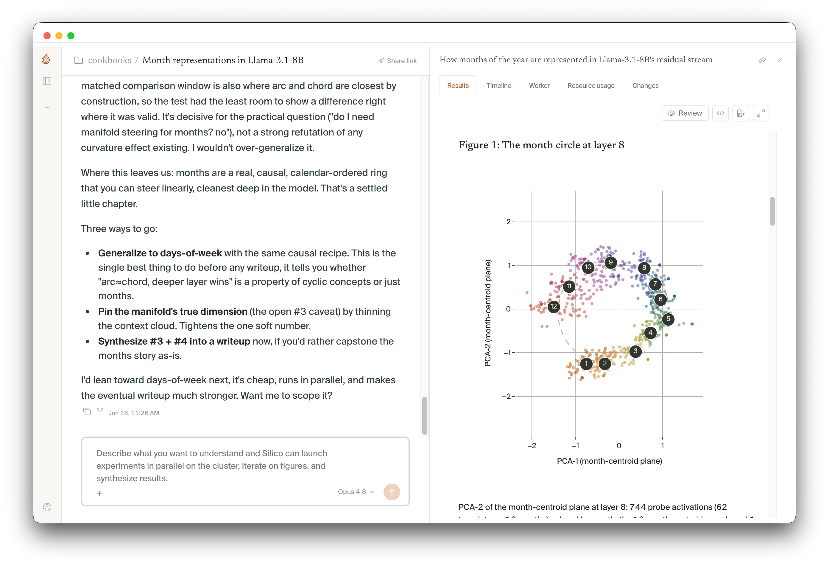 The Results view of a real month-representations experiment, with Figure 1 open in the experiment sidebar