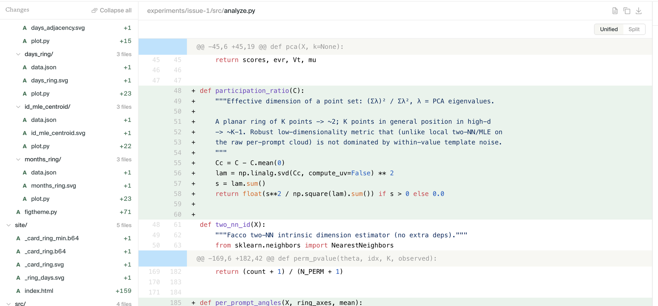 Silico experiment Changes tab showing changed files and a code diff