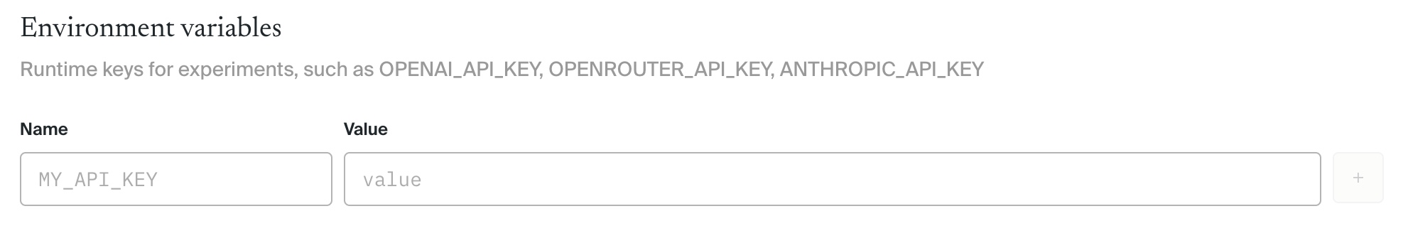 The current environment-variable form with name and value fields