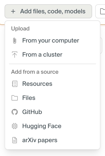 The current attachment menu with upload, filesystem, GitHub, Hugging Face, and arXiv sources