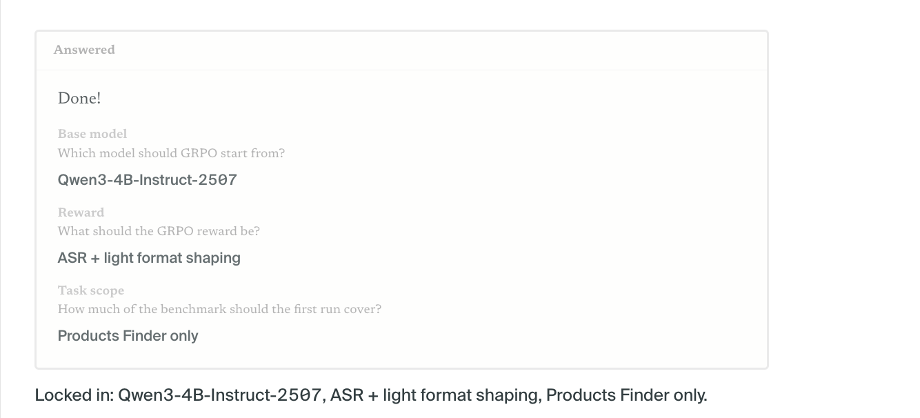 Lab: a scoping decision card with base model, reward, and task scope locked in
